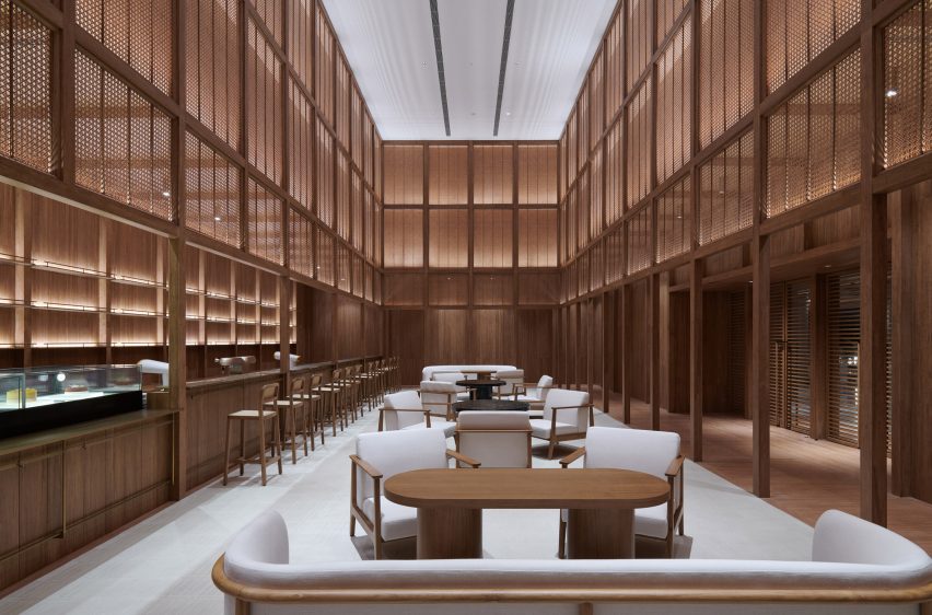 Wood-lined hotel lounge interior