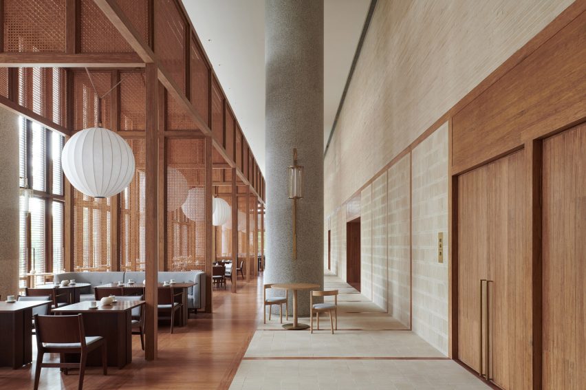 Hotel lounge interior with wood-clad surfaces