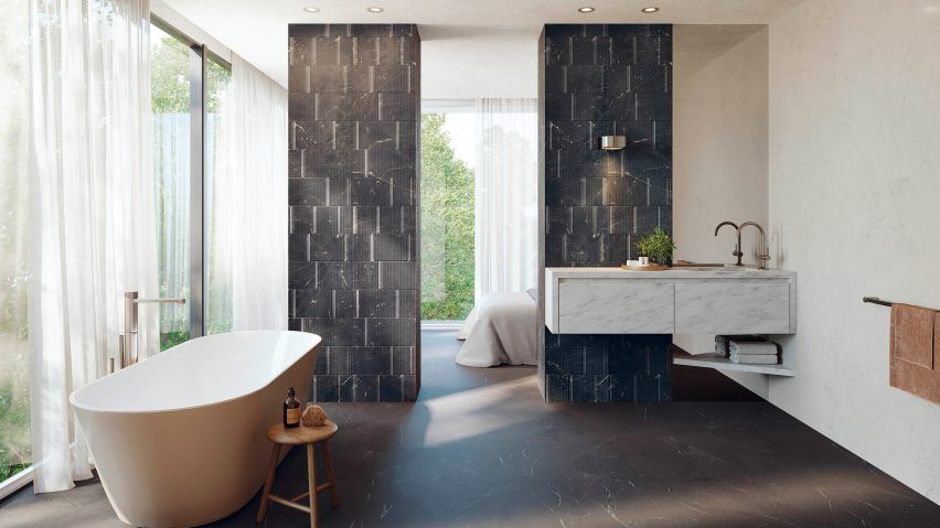 Grey tiles on bathroom wall