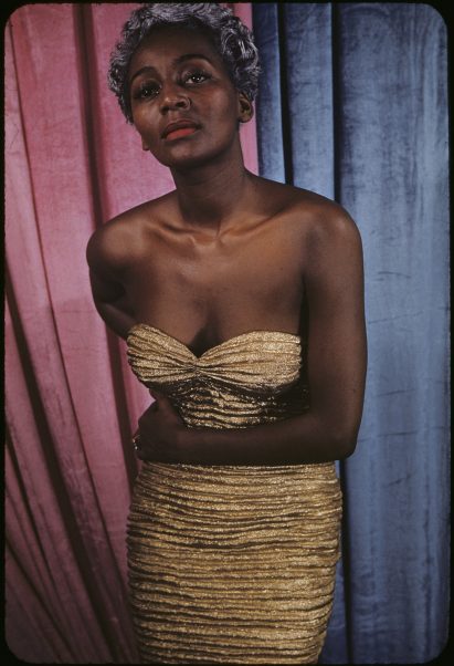 Joyce Bryant wearing a dress designed by Zelda Wynn Valdes
