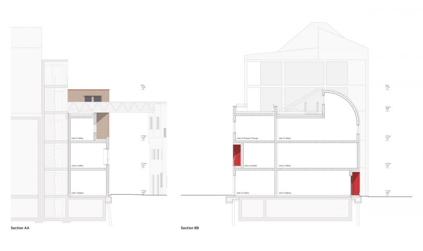 Section drawings of the Haus 2+ office building by Office ParkScheerbarth