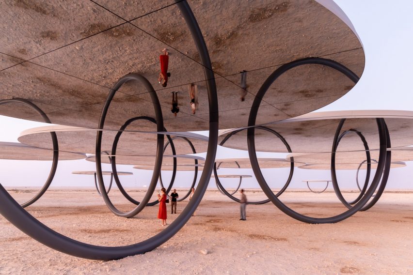 Shadows Travelling on the Sea of the Day is an installation consisting of 20 circular structures.