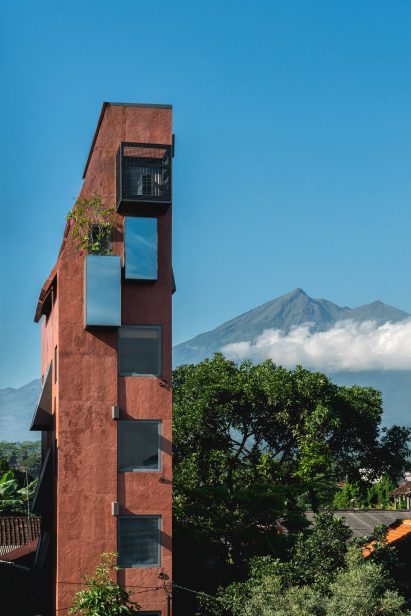 Exterior of skinny hotel in Indonesia