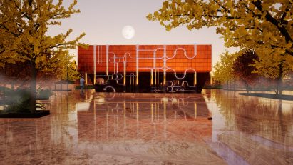 Visualisation showing a building beside a canal that filters water