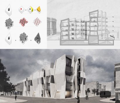 Visualisation showing a housing complex made up of diagonal lines