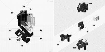 A board showing various black and white sectional views of a building