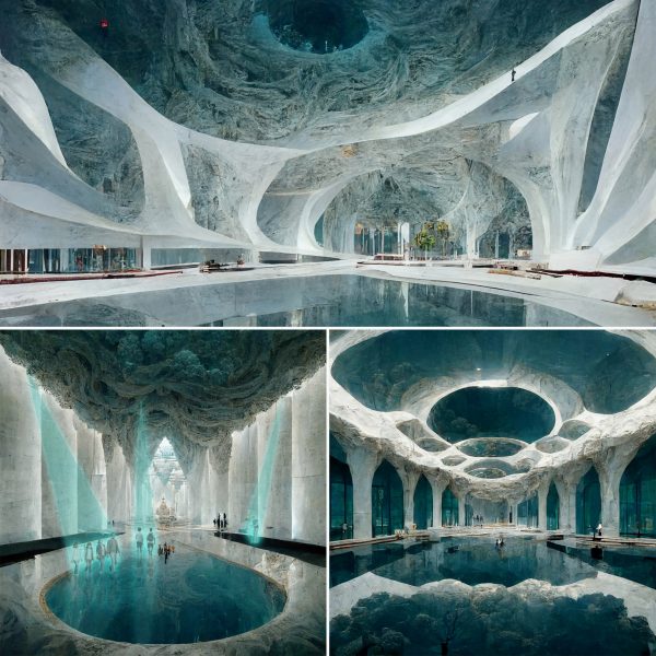 Three images created by AI of a large indoor space