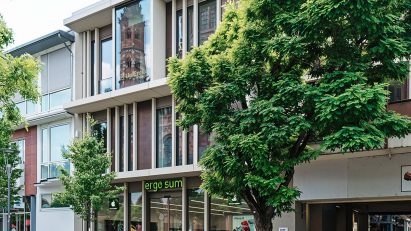 A facade with concrete elements and copper panels