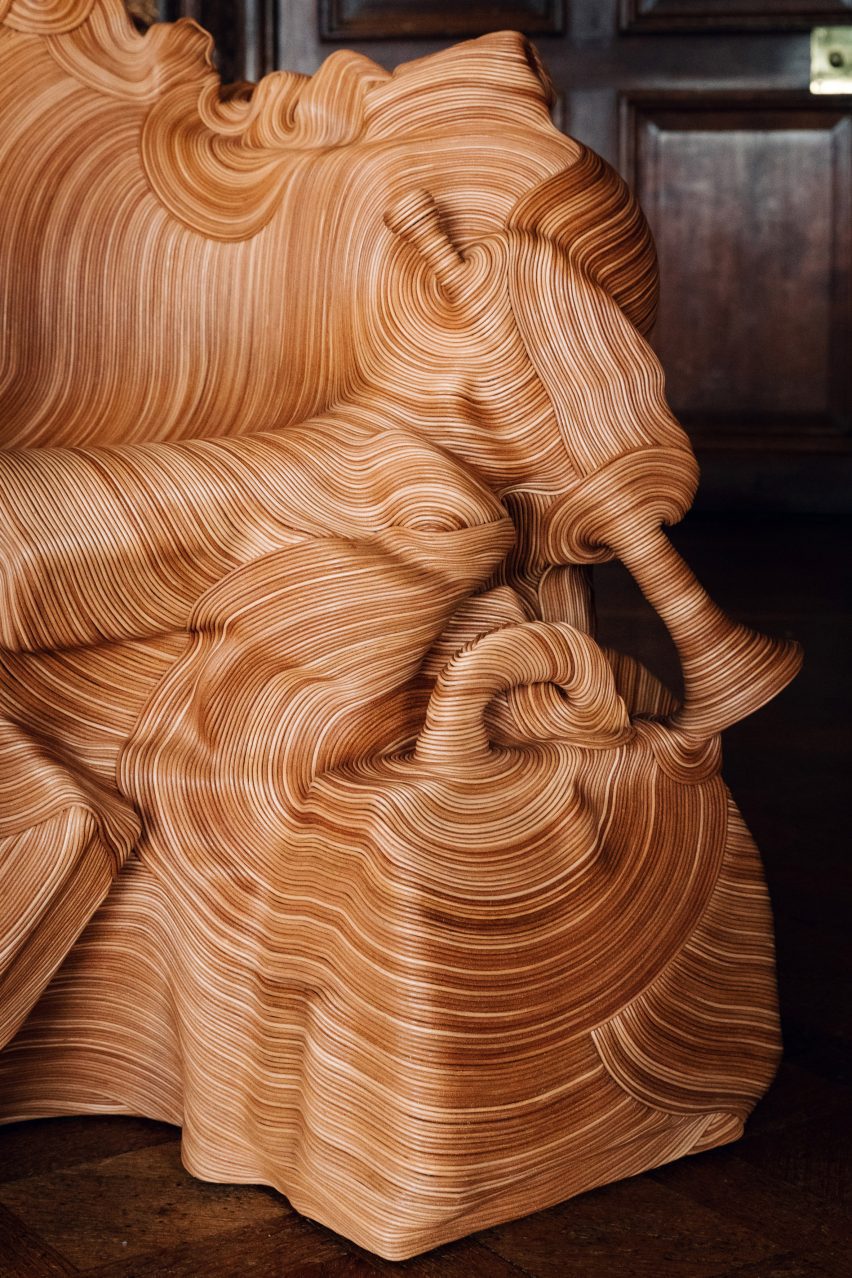 Close-up of chair wrapped in leather cords