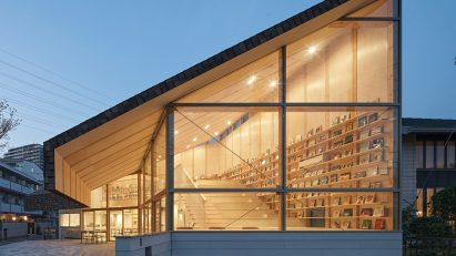 The Shirasagi children's library with the mono-pitched roof by Yukawa Design Lab