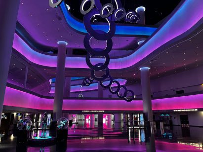 Pink lighting in the atrium