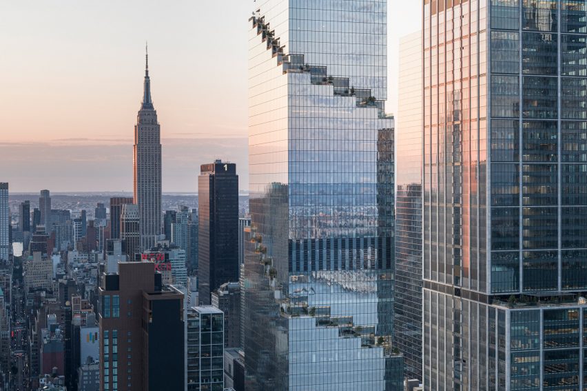 Stepped terraces wrapped around a skyscrapers exterior