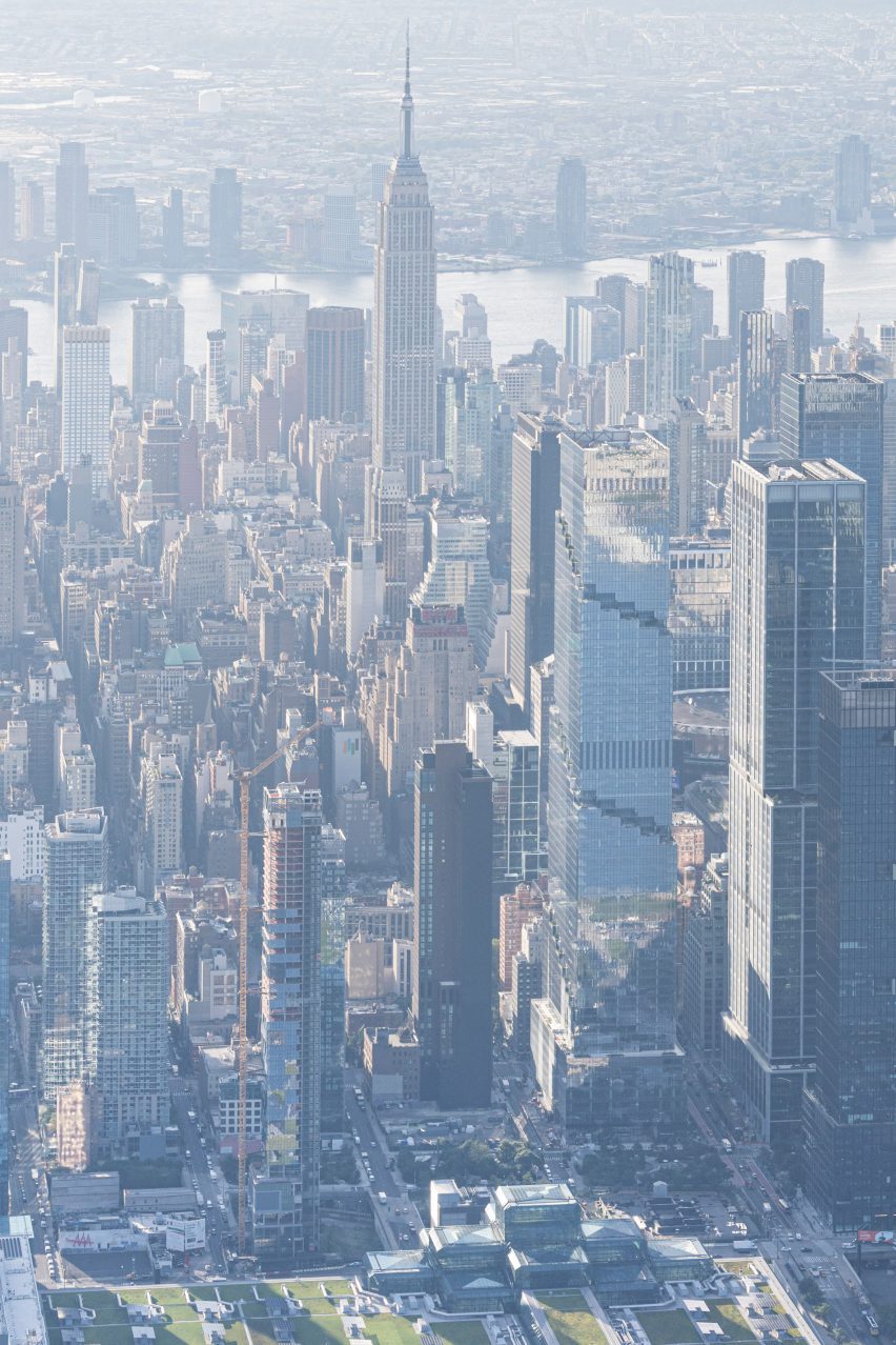 A hazy photo of Hudson Yards from above