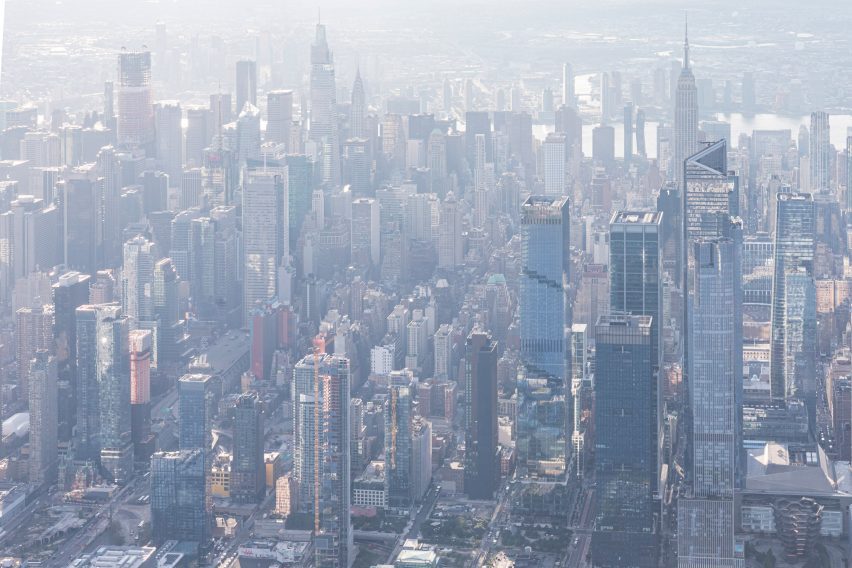 A hazy photo of Hudson Yards from above