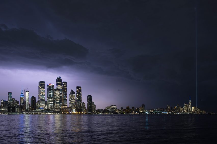 NYC skyline under a purplish sky