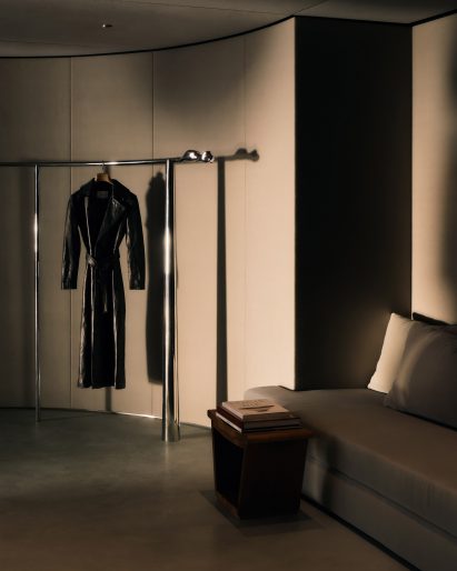 Fabric-covered walls in store changing area