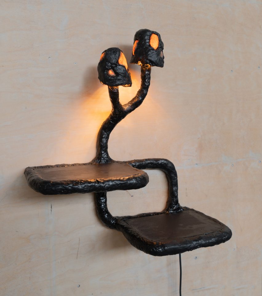 Lamp and shelf made from cellulose and lignin bioplastic for Tree-ism by Basse Stittgen