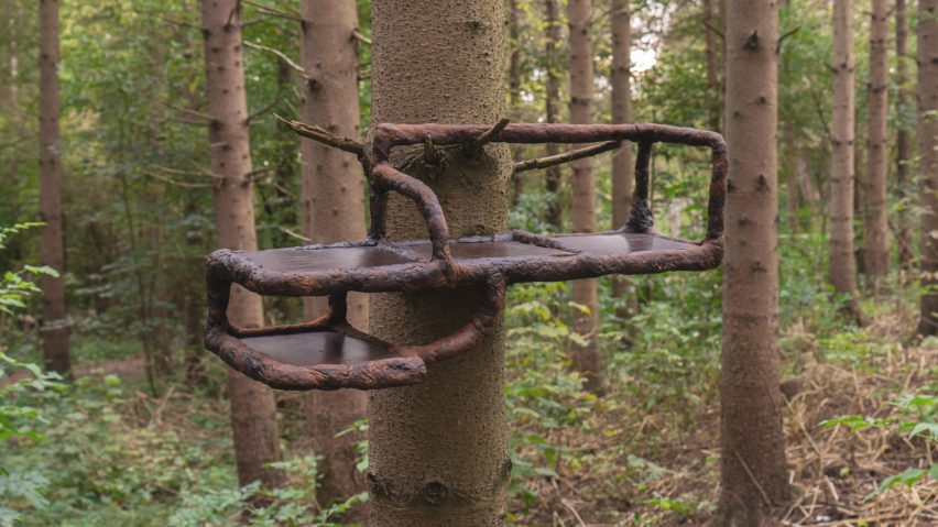 Shelf made from cellulose and lignin bioplastic for Tree-ism by Basse Stittgen