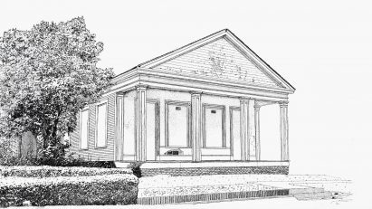 Sketch-like visualisation of a pitched-roof building