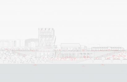 Elevation of a large building with red figures occupying it
