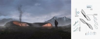 Visualisation and diagrams of bath house in cold landscape