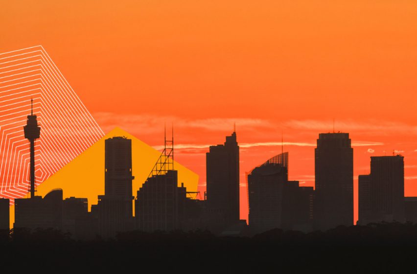Artwork image showing a shadowed city scape overlaid on top of an orange sky.