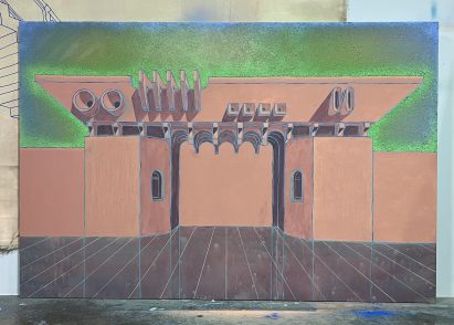 Photo of a painting showing a brown-orange building with a green glow around it