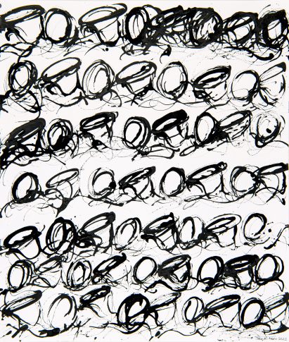 Painting of black circular shapes on a white background