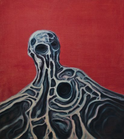 Painting showing a figure with holes in it on a red background