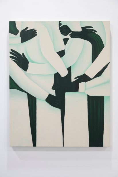Photograph of a painting showing a close-up view of people dressed in white embracing one another