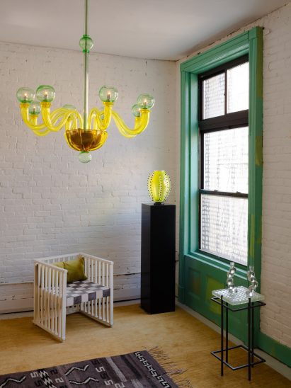 A room with a green window