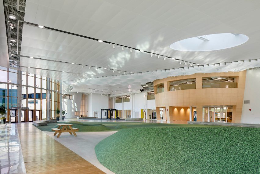 A floor with varying levels covered in faux grass