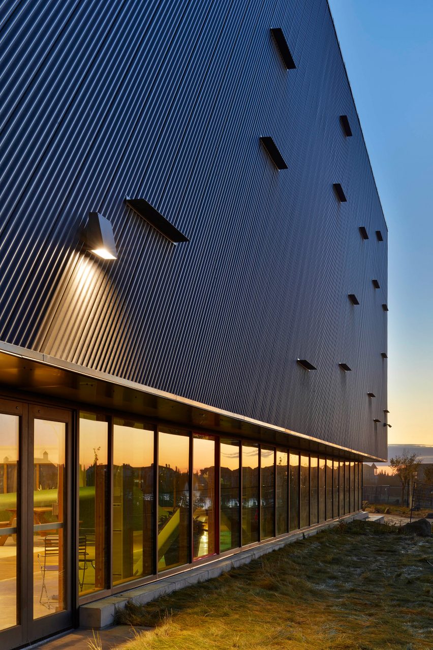 The exterior of a building with metal cladding