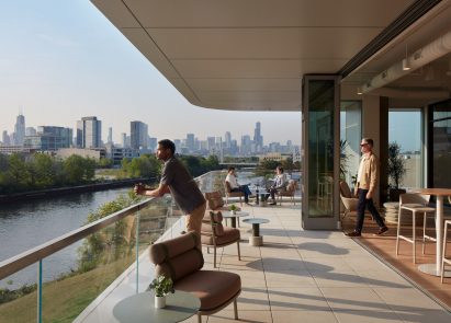 Outdoor terrace with view of Chicago skyline