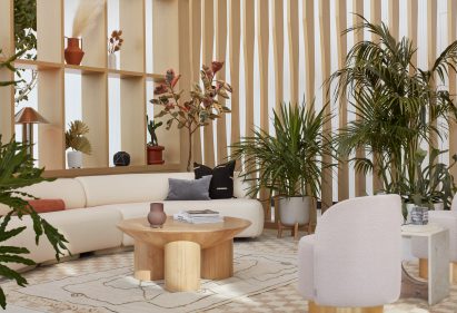 Neutral-toned wood panelling and furniture