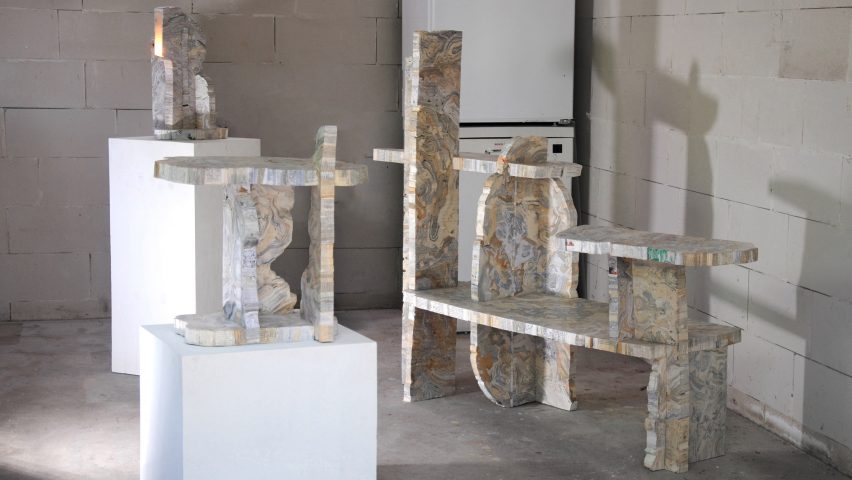 Transformed Remnants furniture made from second-hand books by Willem Zwiers, on show as part of the Design Academy Eindhoven graduate show at Dutch Design Week 2023
