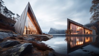 architectural visual of two wood buildings by a lake