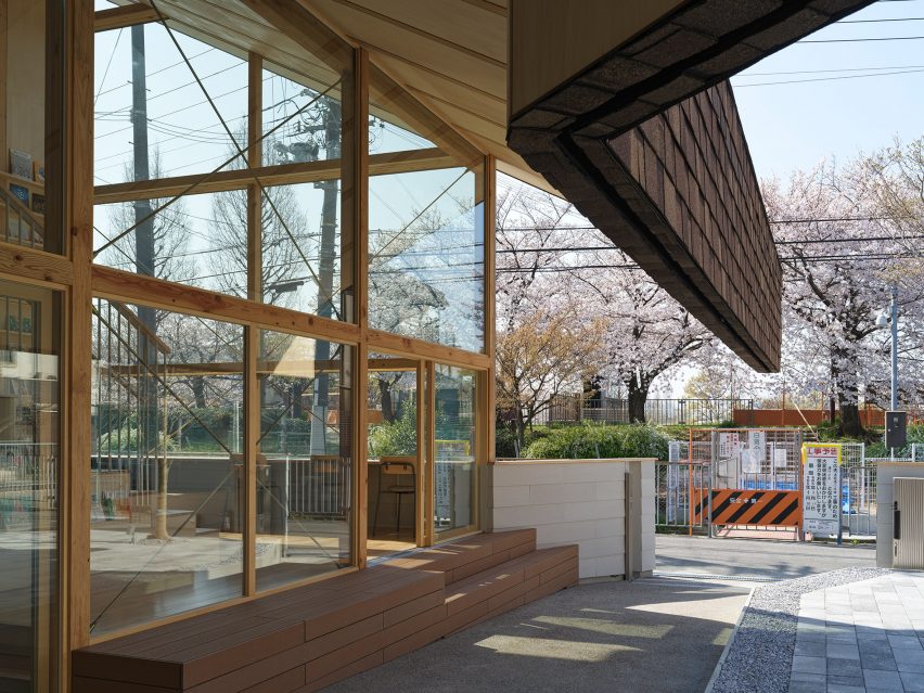 View from sheltered outdoor area of Yukawa Design Lab's children library