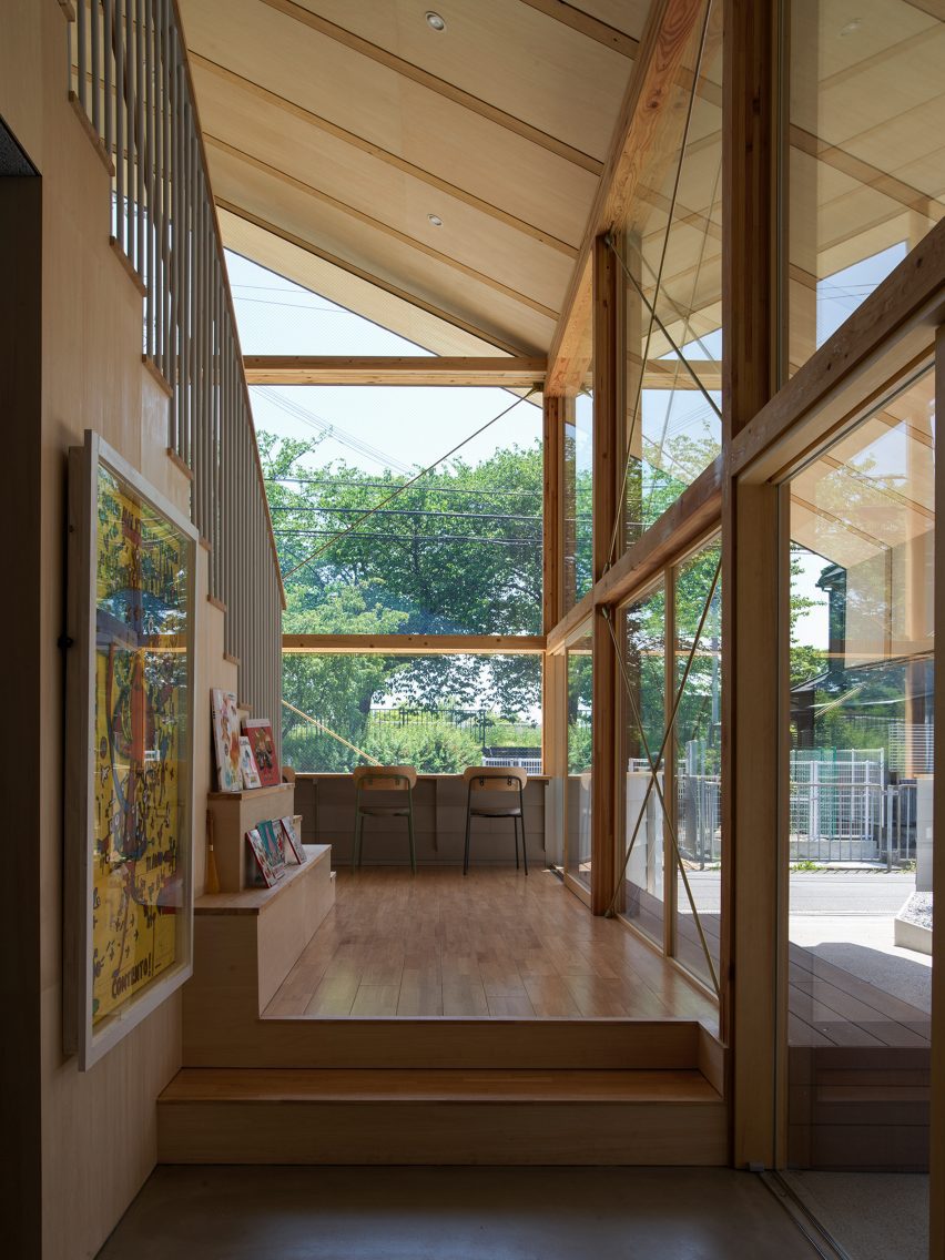 View of library entrance showing timber structure