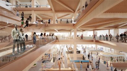An interior rendering of multiple layered terraces