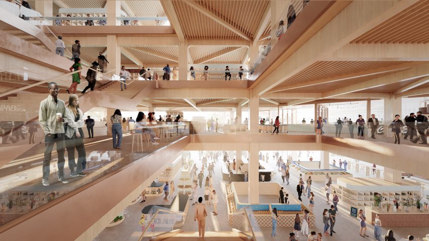 An interior rendering of multiple layered terraces