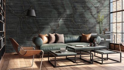 Raw stone tiles featured in a living room
