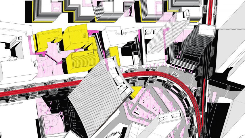 Colourful render of a city plan.