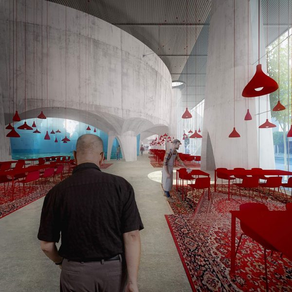 People in a lofty concrete space