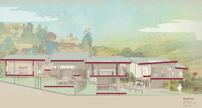 Sectional visualisation showing multi-zoned building in front of painted background