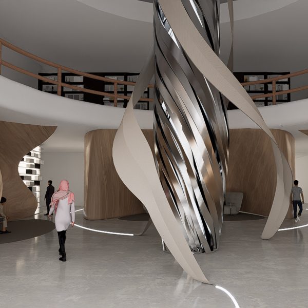 Visualisation showing a circular room with a sculptural central sculpture