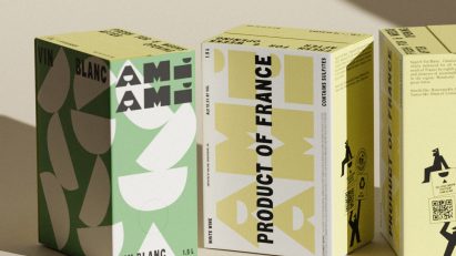Three boxes of white wine by Ami Ami with packaging and branding designed by Wedge