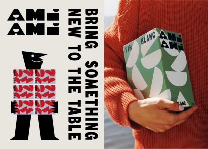 Split image showing graphic design for boxed wine company next to image of person holding a box