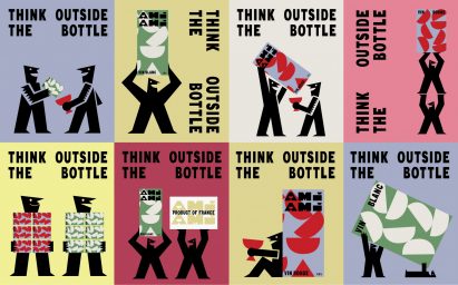 Graphics of black geometric characters interacting with Ami Ami boxed wine