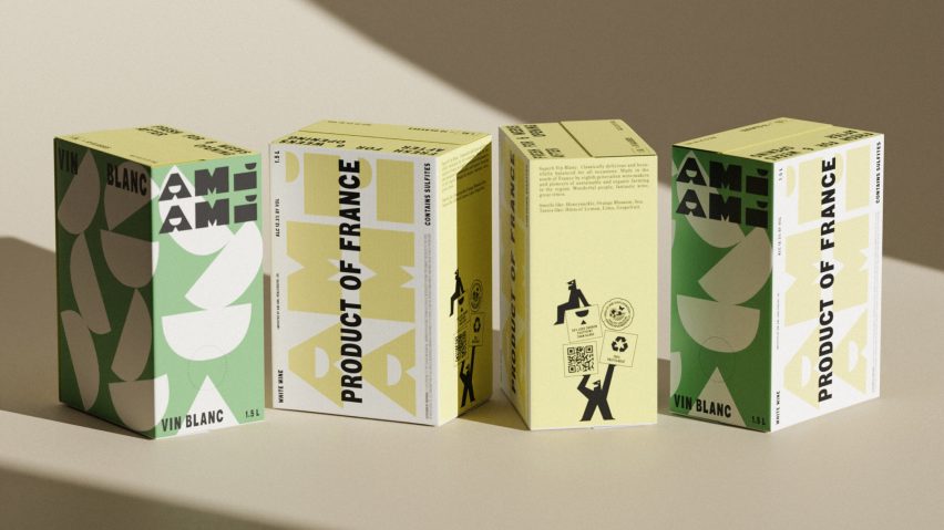 Four boxes of white wine by Ami Ami with packaging and branding designed by Wedge